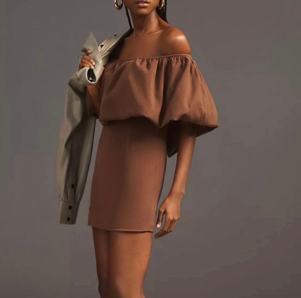 Anthropologie Nikita Mhaisalkar Off-The-Shoulder Bubble Brown Mini Dress Size L
